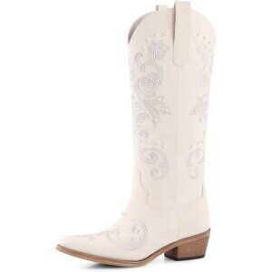 Women White Faux Leather Knee High Classic Embroidered Slip On Chunky Heel